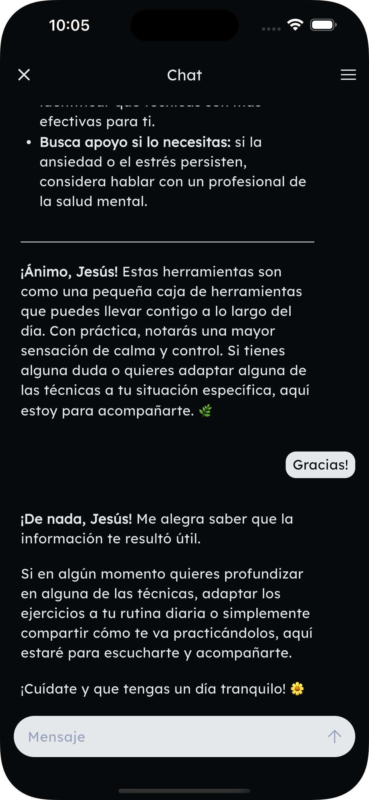 Pantalla de conversación ApoyAI con modo oscuro